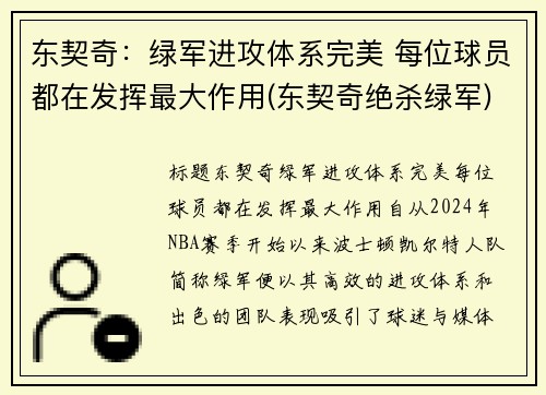 东契奇：绿军进攻体系完美 每位球员都在发挥最大作用(东契奇绝杀绿军)