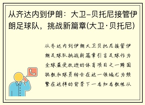 从齐达内到伊朗：大卫-贝托尼接管伊朗足球队，挑战新篇章(大卫·贝托尼)