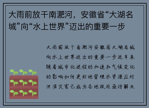 大雨前放干南淝河，安徽省“大湖名城”向“水上世界”迈出的重要一步