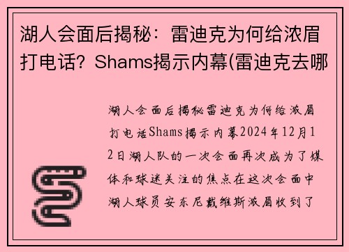 湖人会面后揭秘：雷迪克为何给浓眉打电话？Shams揭示内幕(雷迪克去哪个队了)